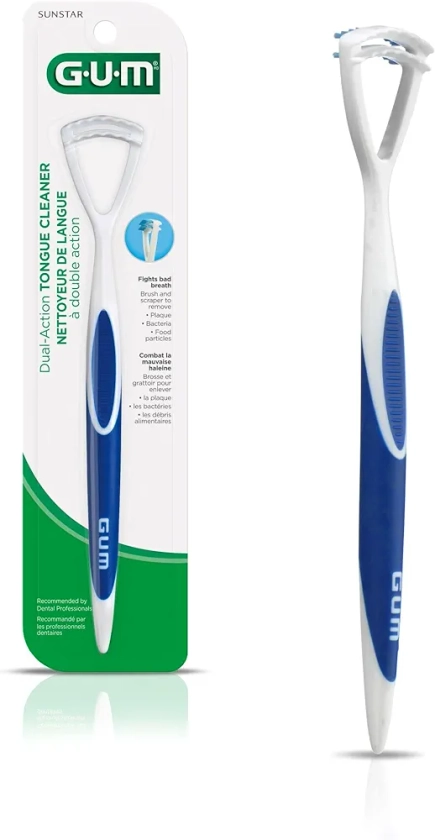 GUM Tongue Cleaner - Dual Action Soft Bristled Tongue Brush with Tongue Scraper for Better Oral Hygiene - Bad Breath Treatment (Pack of 1)