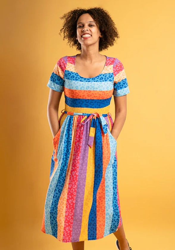 Rhea Rainbow Animal Stripe Print Midi Dress