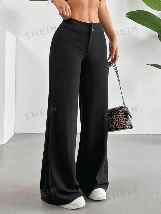 SHEIN EZwear Solid High Rise Flared Straight Leg Pants