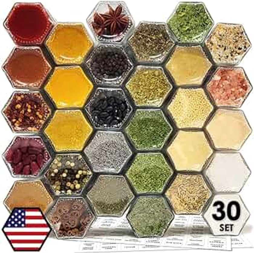 30 Set Magnetic Spice Jars for Refrigerator Hexagon Glass Spice Jars with Magnetic Lids, Shaker, Spice Labels, Magnetic Glass Spice Containers for RV Travel Trailer Kitchen Fridge Cabinet Wall mount