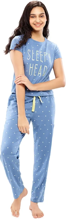 ZEYO Women's Cotton Heart Printed Stylish Blue Pajama Set Night Suit Set Of Top & Pyjama 5624, X-Large : Amazon.in: Fashion