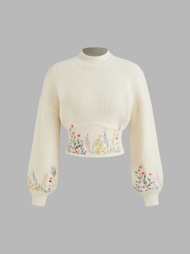 Knit High Neck Floral Embroidery Long Sleeve Crop Top