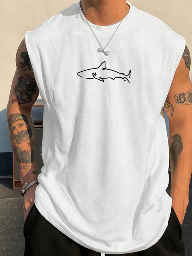 Men's Summer Shark Print Casual Round Neck Tank Top