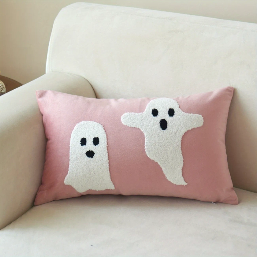1pc Ghost Embroidery Polyester Throw Pillow Case, Solid Color Square Cushion Case, Decorative Pillow Cover For Living Room Bedroom Couch Sofa, Home Decor Room Decor Party Decor No Pillow Insert