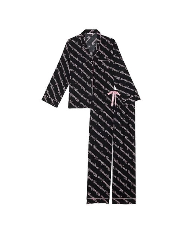 Black Ribbon Script Flannel Long Pyjama Set