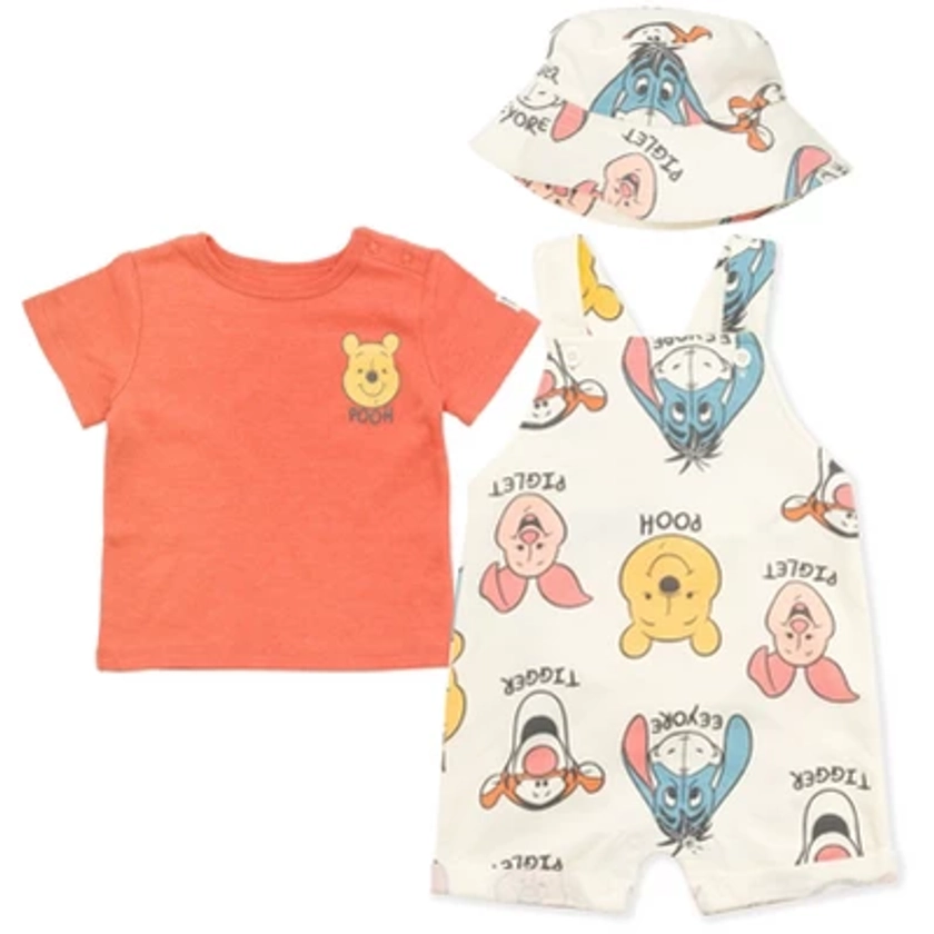 Disney Winnie the Pooh Infant Baby Boys Short Overalls French Terry T-Shirt and Hat 3 Pc Outfit Set White/Maroon 24 Months