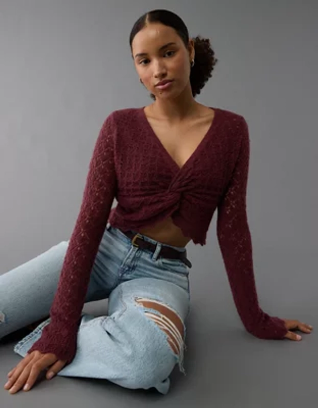 AE Pointelle Twist-Front Cropped Sweater