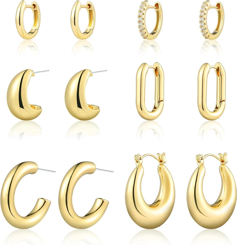 Wgoud 6 Pairs Gold Hoop Earrings Set for Women, 14K Gold Plated Hypoallergenic Lightweight Chunky Open Huggie Hoops Earrings Jewelry for Gift.