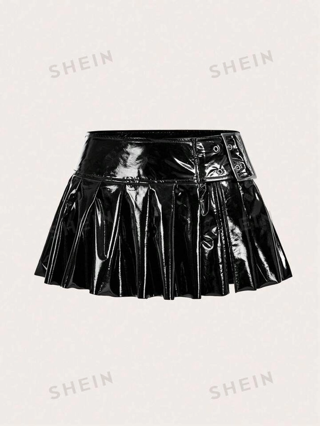 SHEIN ICON Falda de mujer con cintura súper baja plisada, con cinturón, hebilla decorativa y raja alta