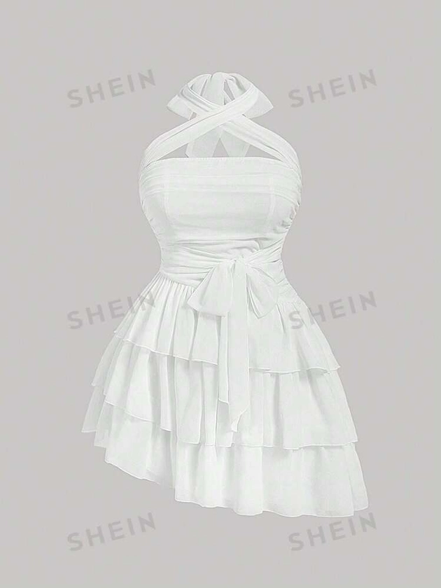 SHEIN MOD Plus Size White Chiffon Romantic Ruffle Halter Layered Cake Dress