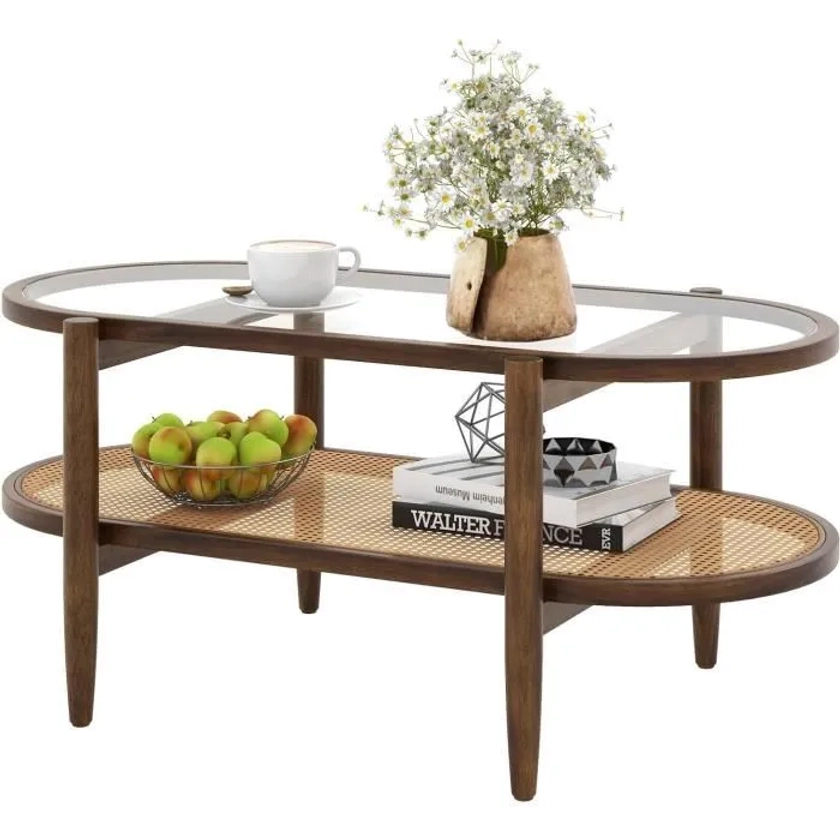 COSTWAY Table Basse Ovale en Verre Trempé avec Cadre en Bois d'Acacia, Table de Salon 2 Niveaux avec Étagère Ouverte en Rotin PE