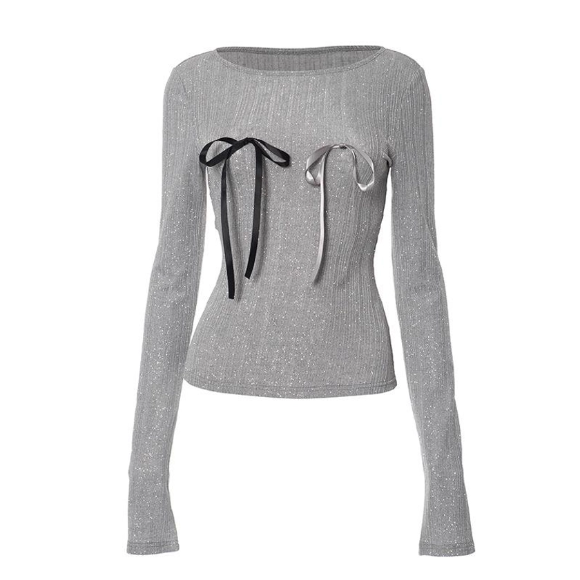 Bowknot applique contrast long sleeve round neck top