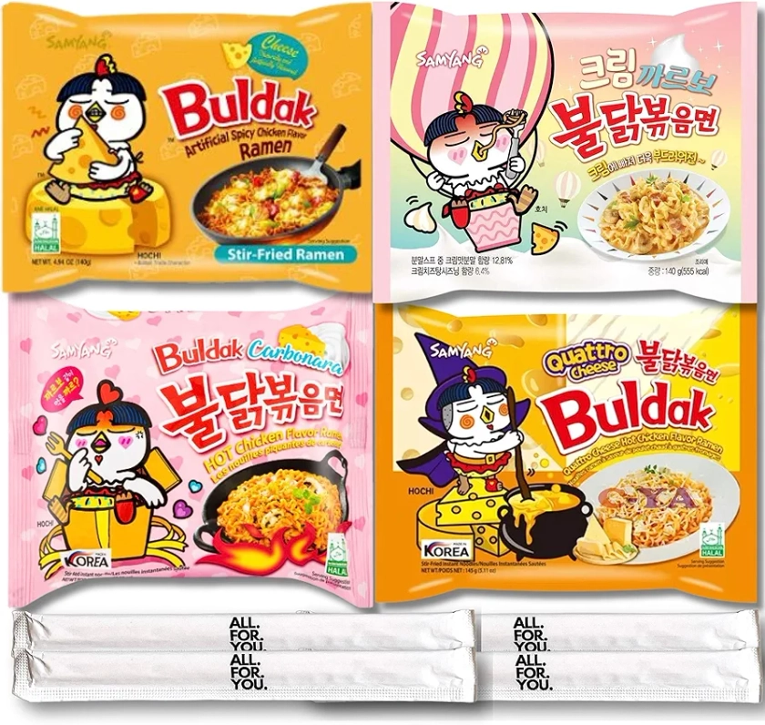 Buldak Ramen Noodles 4 Flavor Variety Combo - Total 4 pack (1 Pack ea) - Cheese, Carbonara, Quattro Cheese, Cream Carbonara - Spicy Ramen Noodles Samyang Buldak Ramen Korean Spicy Hot Chicken Stir-Fried Noodles Bundle with 4 ALL.FOR.YOU. Branded Chopsticks