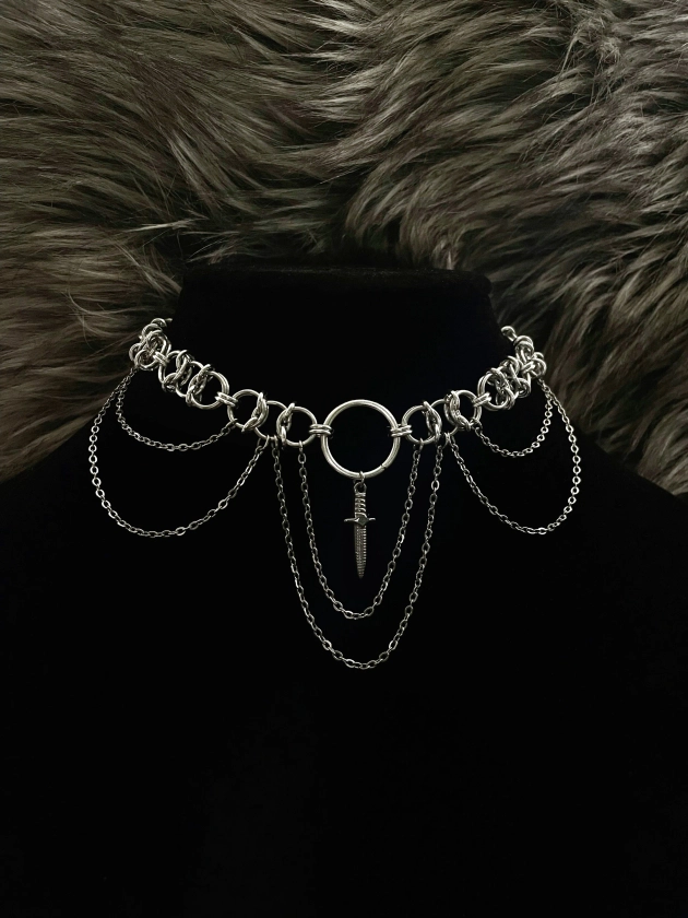 The Valkyrie - Chainmail Choker - Chain - Stainless Steel - Aluminum - Sword - Dagger - Charm - Layered - Gothic - Witchy - Elegant - Regal