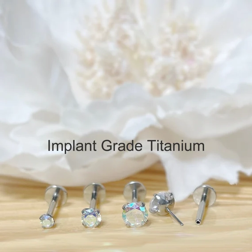 Implant Grade Titanium Threadless Push In AB CZ Top Labret Bar Stud • 20G/18G/16G • Tragus Nose Helix Cartilage Conch Ear