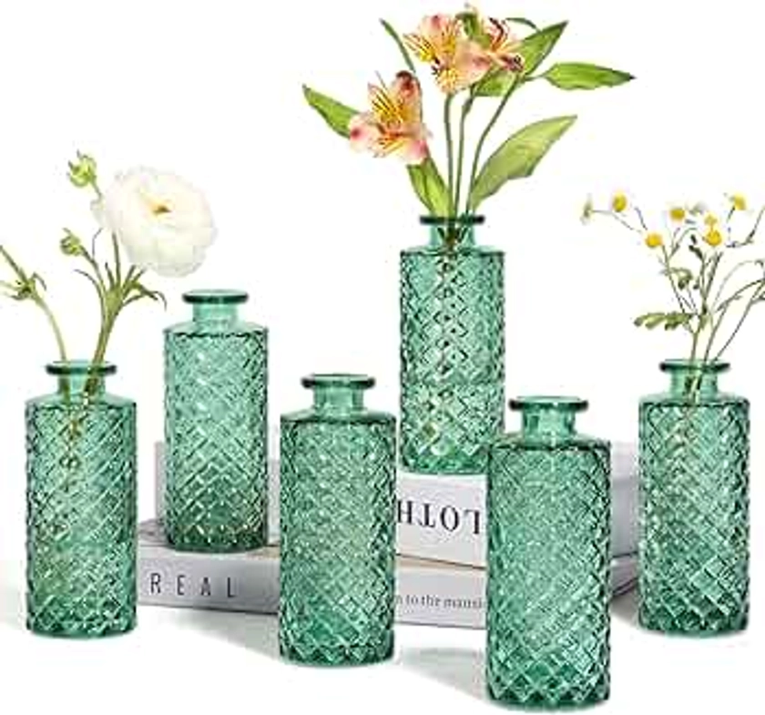 ComSaf Glass Bud Vases Set of 6, Small Diamond Bud Vases in Bulk, Mini Flowers Vases for Centerpieces, Vintage Bottle for Table Decorations, Wedding Decor, Recepetion, Home, (Green)