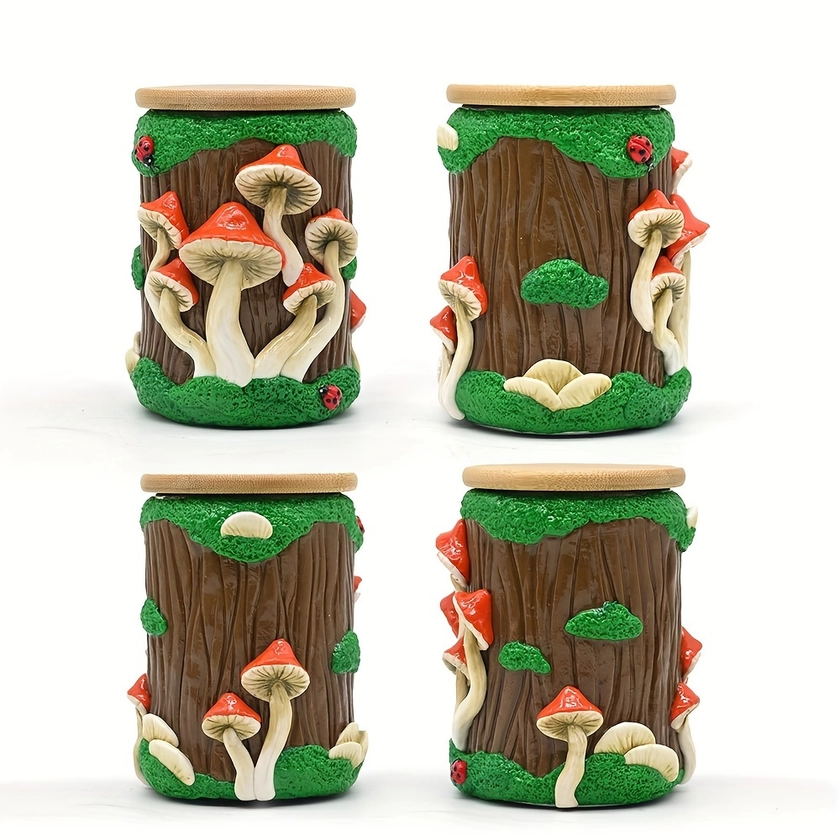 1pc, 11.5cm/4.5in, Handmade Kneading Polymer Clay Tobacco Canister With Cartoon Mushroom, Borosilicate Glass Smoking Ashtray With Bamboo Cover, Glass Vase, Hand Drawn Pen Holder With Snail, Holiday Gifts, Home Decorations