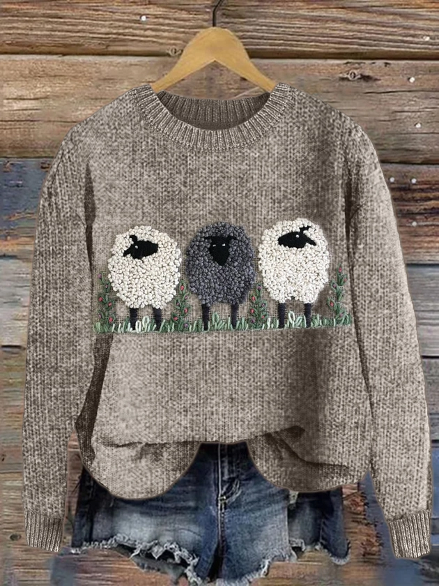 VChics Fluffy Sheep Embroidery Art Cozy Knit Sweater