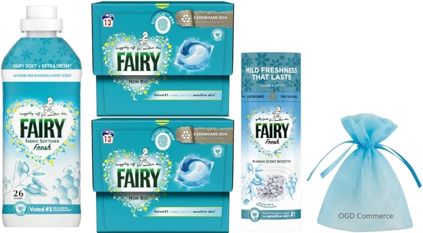 Fairy Laundry Washing Pack for Sensitive Skin: Fresh Fabric Conditioner, 26w, 858ml + In-wash Scent Booster Beads, Almond Milk & Manuka Honey, 176gr + Non Bio Pods, Capsules, 2Pk x 13Pods