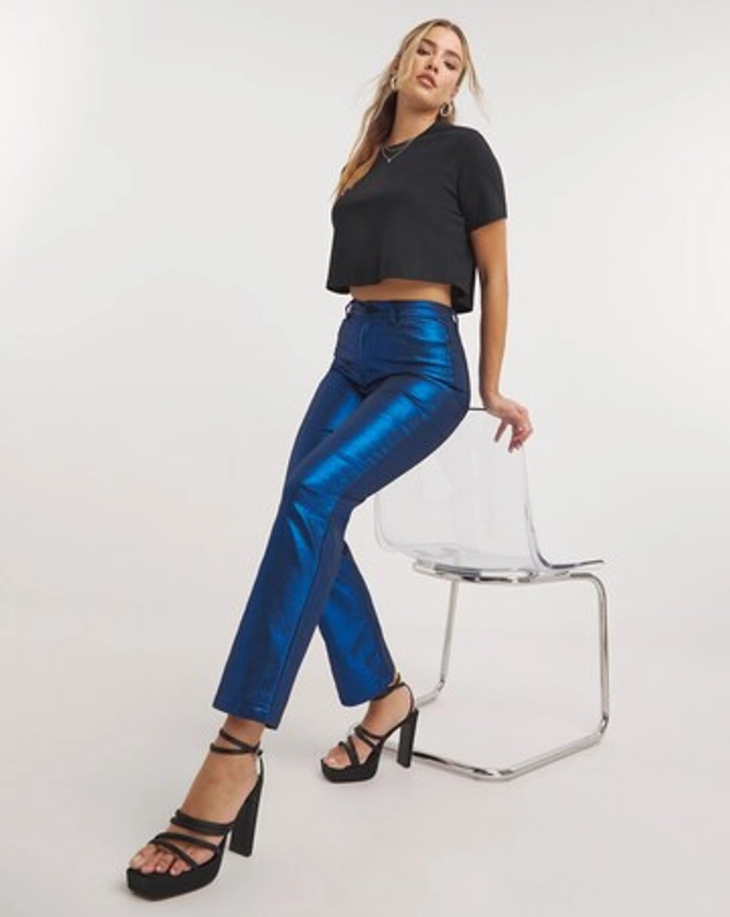 Blue Metallic Straight Leg Jean | Simply Be
