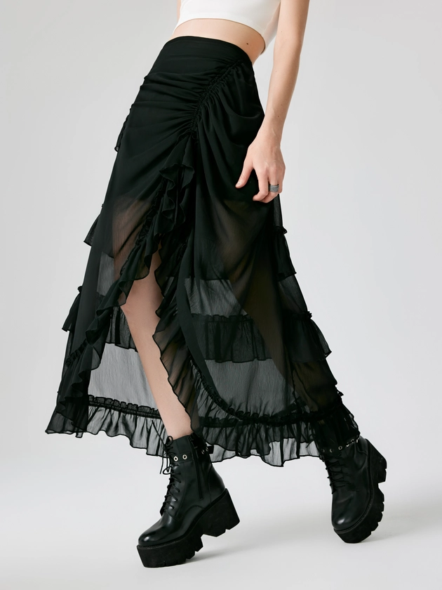 Ruffle Sheer High Waist Maxi Skirt