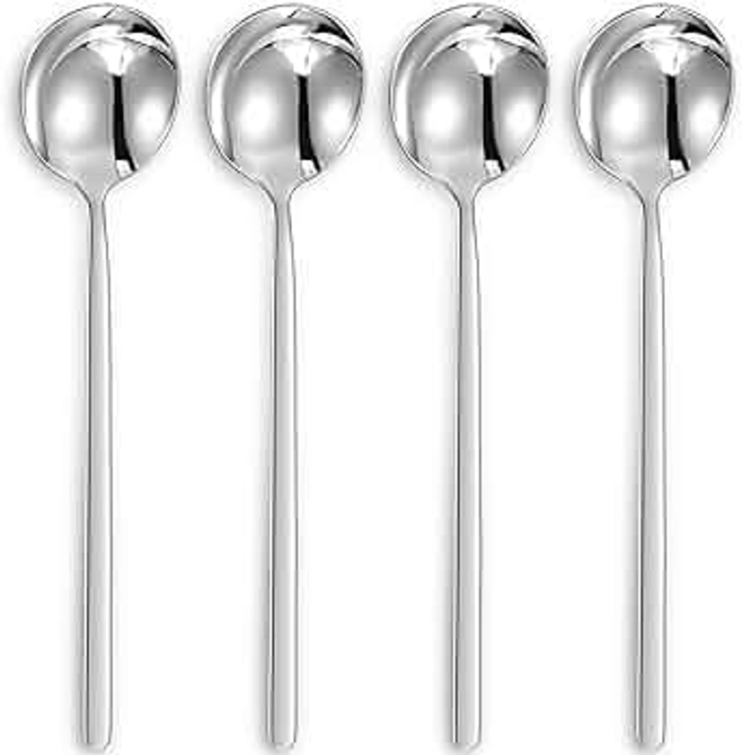 KEAWELL Premium Korean Soup Spoons with Long Handles, Set of 4, 18/10 Stainless Steel, Dishwasher Safe (Plain)