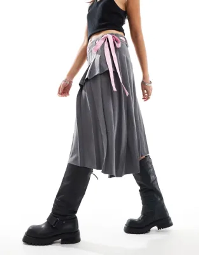 Minga London asymmetric pleated midi skirt with lace up belt in grey