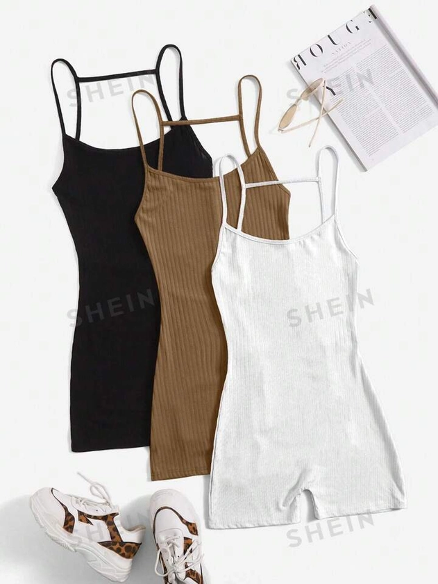 SHEIN EZwear Combinaison D'été Pour Femme À Bretelles Cami Nervurée Couleur Unie 3 Pièces/ensemble | Mode en ligne | SHEIN FRANCE