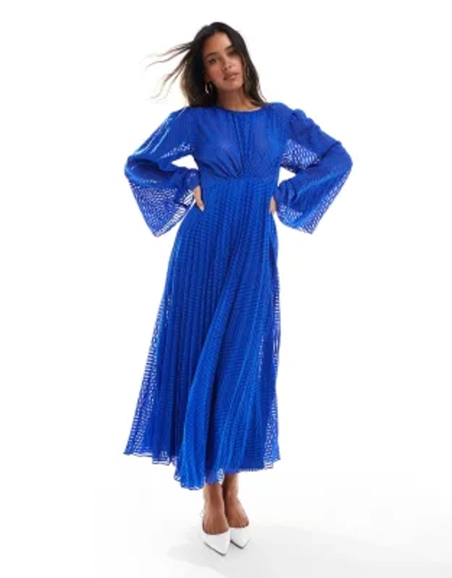 ASOS DESIGN - Robe plissée mi-longue en mousseline à chevrons avec liens noués au dos et manches évasées - Bleu de cobalt