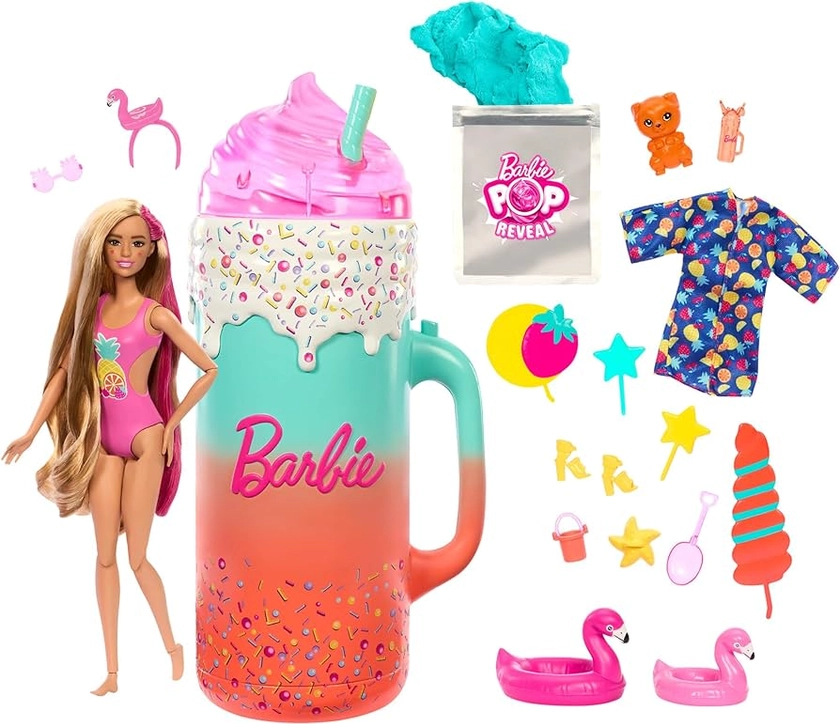 Barbie Pop Reveal Doll & Accessories, Rise & Surprise Fruit Series Gift Set with Scented Doll, Squishy Scented Pet, Color Change, Moldable Sand & More, 15+ Surprises, HRK57