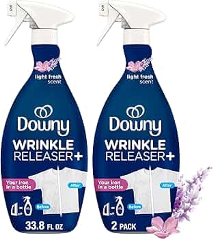 Downy Wrinkle Releaser Spray, All In One Wrinkle Release Spray, Odor Eliminator, Static Remover, Fabric Refresher & Ironing Aid for Clothes, 33.8 Fl Oz (Pack of 2), Light Fresh Scent