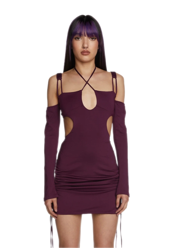 Strappy Cutout Long Sleeve Mini Dress - Purple