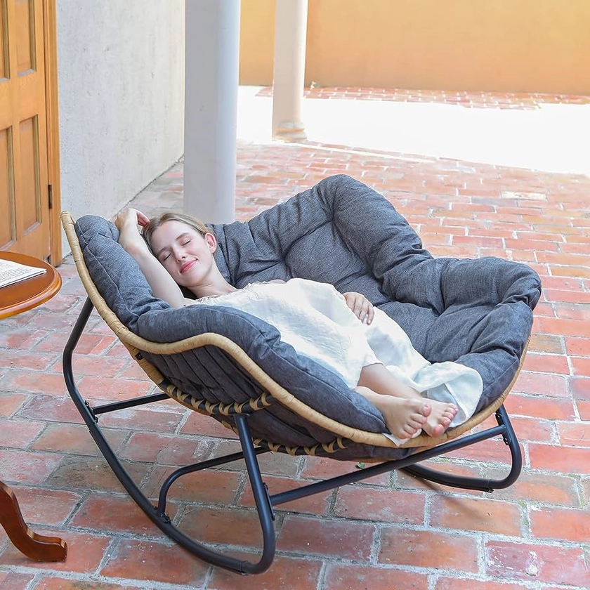 SWITTE Outdoor Rocking Chair, Patio Egg Rocking Chair, Indoor Papasan Chair, Rattan Wicker Lounge Chair, Modern Royal Chair for Bedroom, Living Room, Porch, Garden, Lawn-Dark Grey