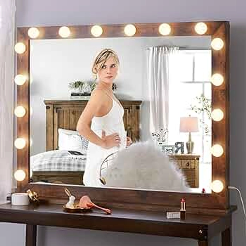 LUXFURNI Vanity Mirror with Lights, 40" x 32" Large Hollywood Mirror, Makeup Mirror with 16 Dimmable LED Bulbs, 3 Colors Modes, Wall-Mount/Tabletop, Rustic Brown