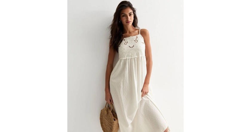 Off White Embroidered Cotton Midi Dress | New Look