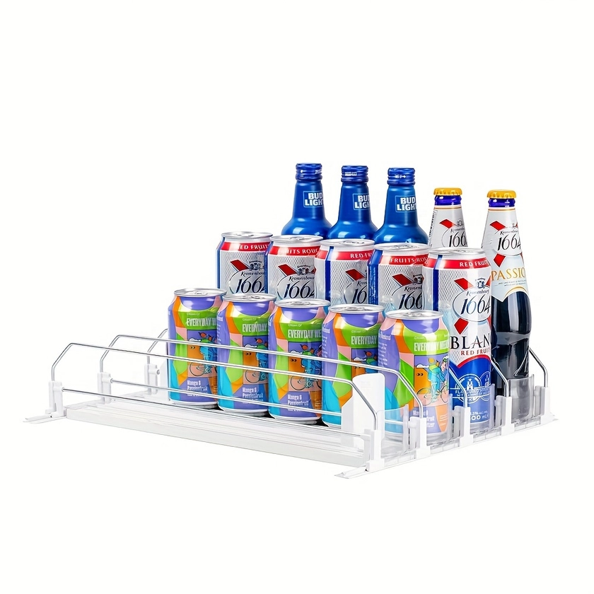 Refrigerator Beverage Organizer, Soda Can Organizer with Automatic * Slide, Adjustable Width, Beer, Cans (with pull tabs) and Water Bottle Org