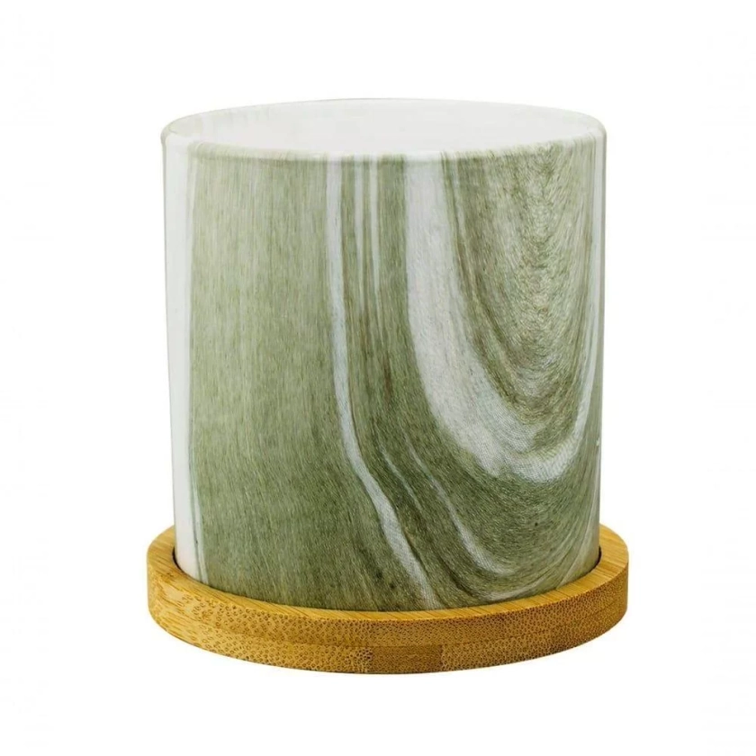 Vaso Porcelana Verde Estilo Mármore Base Bambu 9.5x9x9cm