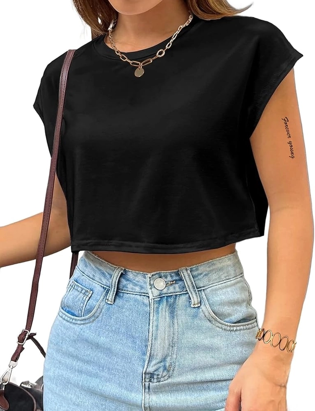 Amazon.com: Avanova Women Oversized Batwing Boxy Tee Shirt Crewneck Loose Short Sleeve Crop Top Black Small : Clothing, Shoes & Jewelry