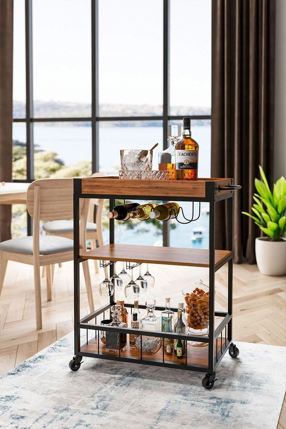 Kitchen & Food Storage | 3 Tier Wooden Food Serving Wine Trolley with Removable Tray , Glass Holder , Bottle Rack & Lockable Wheels | Living and Home