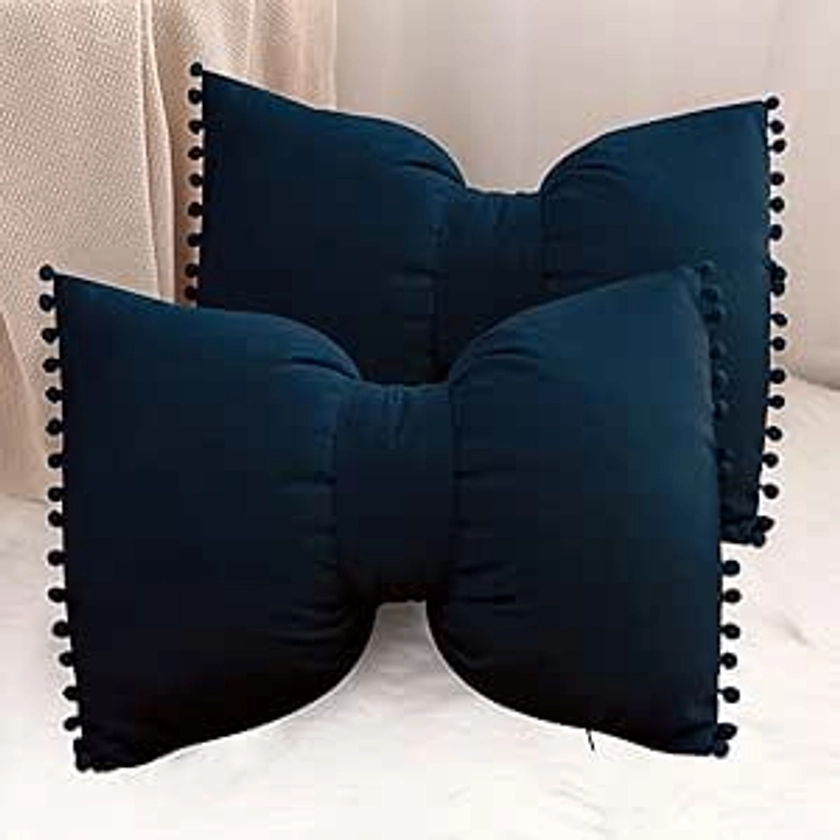 Amazon.com: YDBDAT 14x20 Decorative Throw Pillow Covers with Pom Poms Cushion Case Lumbar Outdoor Bow Velvet Pillow Cases for Bed Sofa Couch Bench Car Set of 2 Navy Blue x2 : Home & Kitchen
