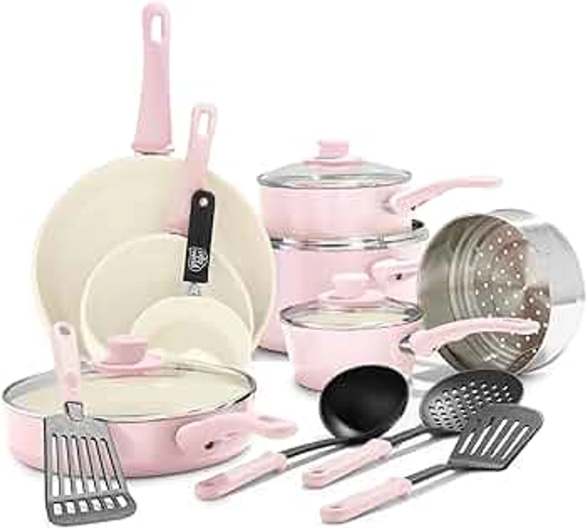 GreenLife Soft Grip Healthy Ceramic Nonstick 16 Piece Kitchen Cookware Pots and Pans Set, Includes Frying Pan Skillets Sauce and Casserole, PFAS-Free, Oven Safe, Pink