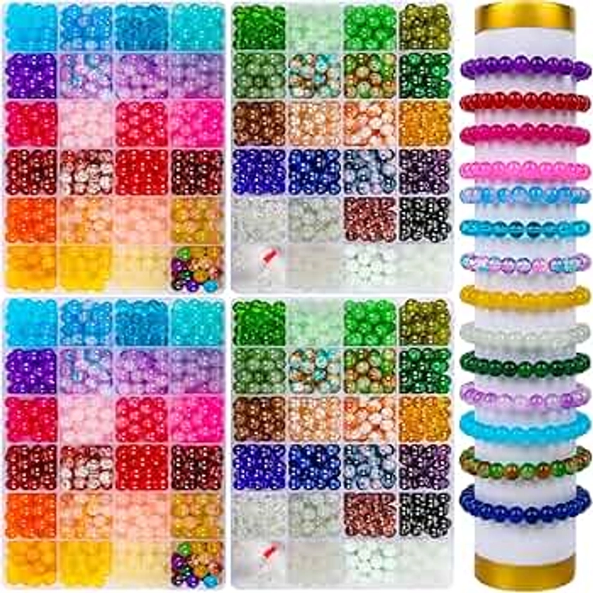 XSEINO 2400 PCS 8mm Glass Beads Bracelet Making Kit, 47 Colors Crystal Beads for Jewelry Making and DIY Crafts，4 Box Round Beads Suitable for Beginners