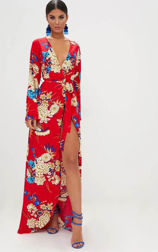 Red Floral Print Kimono Maxi Dress