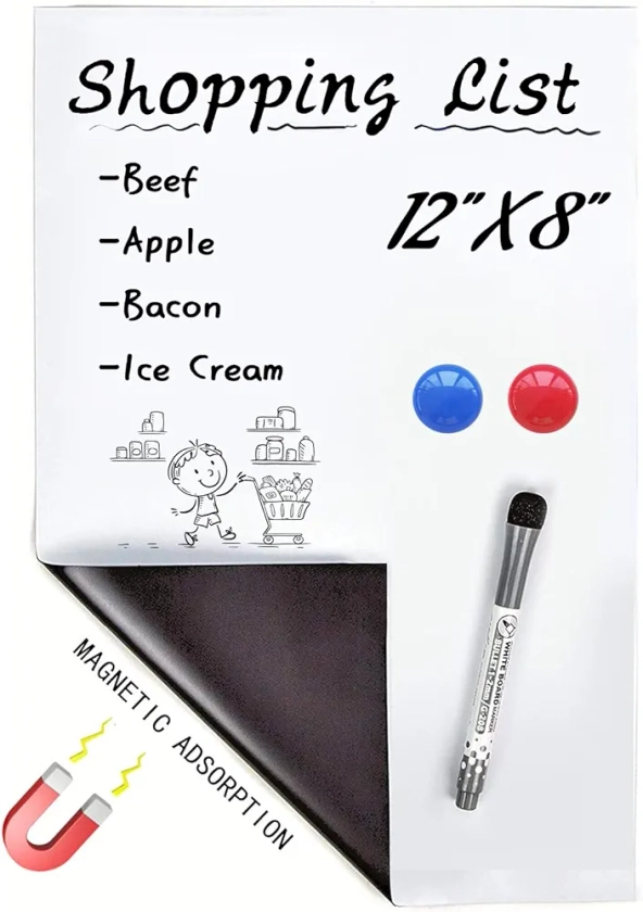 Tableau blanc magnétique effaçable à sec pour réfrigérateur, tableau de rappel magnétique de format A4, tableau de planification ou liste de choses à faire, 2 aimants + 1 stylo pour tableau blanc