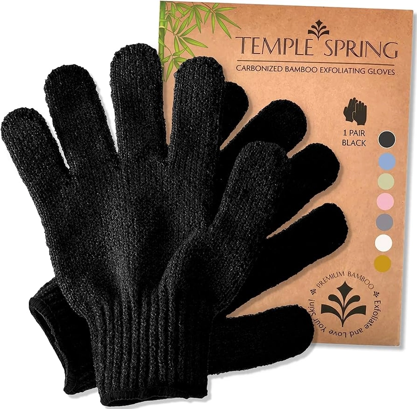 Exfoliating Gloves - Bamboo Shower Gloves - Bath and Body Exfoliator Mitts - Scrubs Away Ingrown Hair and Dead Skin - Natural Eco Microfibre Bath Gloves - Black