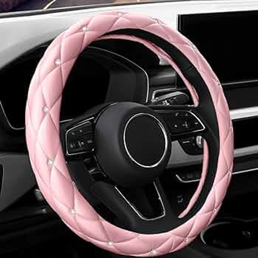 YOGURTCK Cute Diamond Leather Light Pink Steering Wheel Cover with Bling Bling Crystal Rhinestones, Universal 15 Inch for Women Girls, Car Accessories, Fit Vehicles, Sedans, SUVs, Vans, Trucks