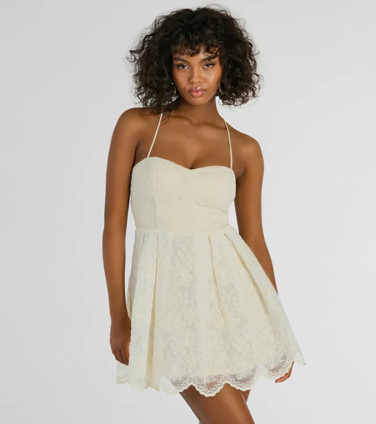 Regal Chic Lace Up Tulle Embroidered Skater Dress