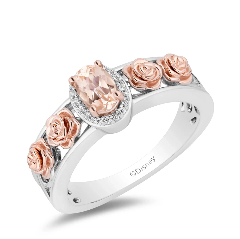 Enchanted Disney Fine Jewelry Sterling Silver and 10K Rose Gold with 1/20 CTTW Diamond and Morganite Aurora Halo Filigree Ring