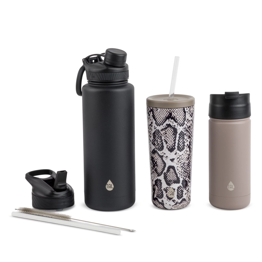 TAL Stainless Steel Water Bottle Bundle, 9 Piece Set, 40 fl oz, 24 fl oz, 18 fl oz, Black, Snake and Grey