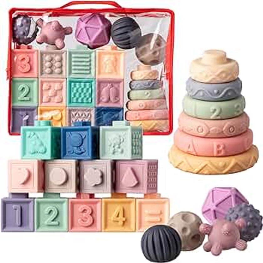 Sweety Fox Jouet Bebe 6 Mois - Jeux Montessori (23 pièces) pour Enfants 6 Mois et Plus - Jeux Bebe 1 an Silicone, Sensoriel - Cube d'activité bébé pour Apprentissage et Dentition